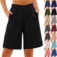 thumbnail image 1 of Women's Summer Shorts Casual Linen Solid Elastic Waist Loose Straight Leg Pockets Pants, 1 of 9