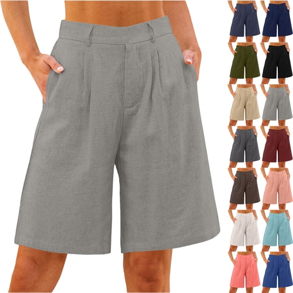 Women's Summer Shorts Casual Linen Solid Elastic Waist Loose Straight Leg Pockets Pants