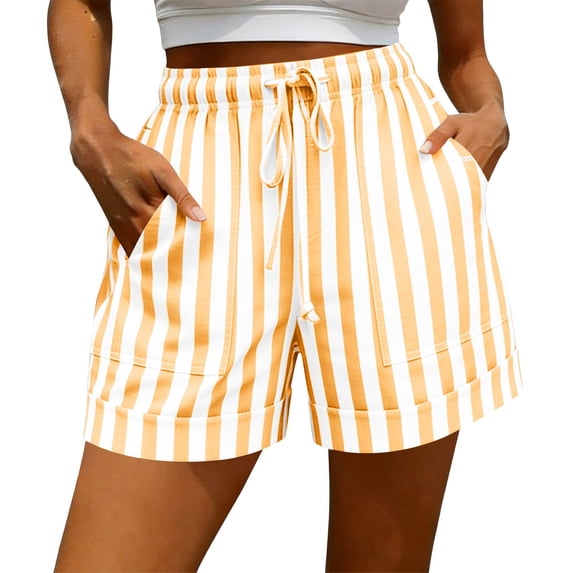 Women's Summer Shorts Elastic Waist Striped Beach Casual Loose With Pocket Shorts