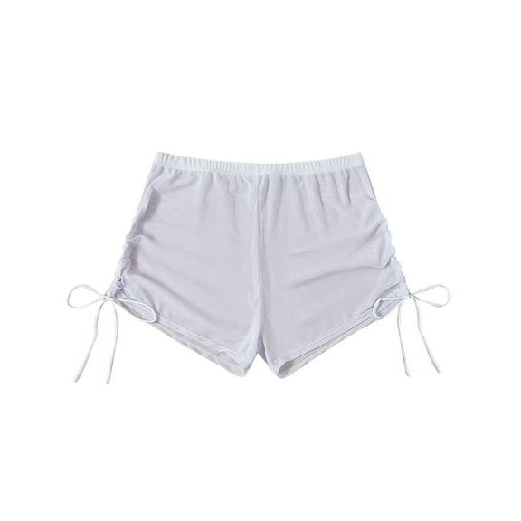 Women's Summer Shorts Four Corner Transparent Mesh Side Drawstring Beach Shorts Solid Color Loose Short Pants (XS, White)