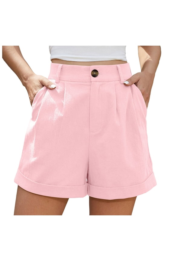 Women's Summer Shorts High Waist Linen Roll Up Pleated Zippered Wrap Hem Wide Leg Casual Beach Shorts with Pockets S-2XL