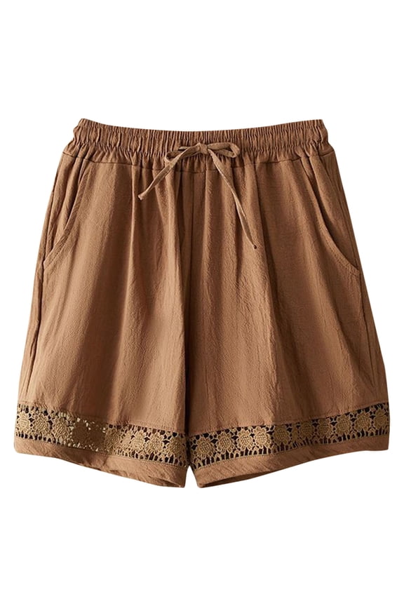 Women's Summer Shorts Lace Hollow-out Plus Size Wide Leg Elastic Waist Lounge Beach Boho Short with Pockets (2XL, Khaki)