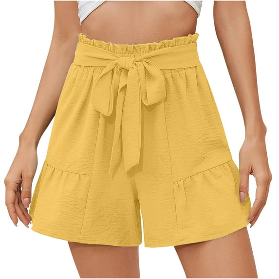 Women's Summer Shorts Lace-Up High Waist Solid Color Casual Loose Ruffle Wide Leg Short Pants
