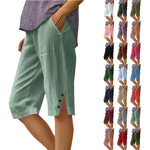 Women's Summer Shorts Linen Solid Loose Straight Pockets Side Slit Buttons Short Pants