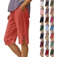 thumbnail image 1 of Women's Summer Shorts Linen Solid Loose Straight Pockets Side Slit Buttons Short Pants, 1 of 7