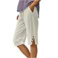 thumbnail image 1 of Women's Summer Shorts Linen Solid Loose Straight Pockets Side Slit Buttons Short Pants, 1 of 6