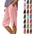 thumbnail image 1 of Women's Summer Shorts Linen Solid Loose Straight Pockets Side Slit Buttons Short Pants, 1 of 7
