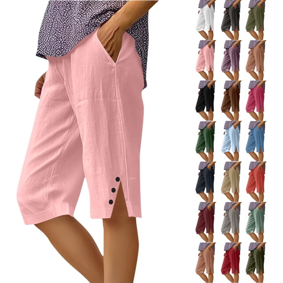 Women's Summer Shorts Linen Solid Loose Straight Pockets Side Slit Buttons Short Pants