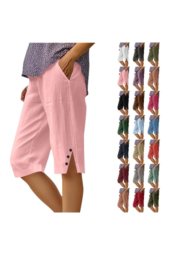 Women's Summer Shorts Linen Solid Loose Straight Pockets Side Slit Buttons Short Pants