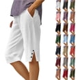 thumbnail image 1 of Women's Summer Shorts Linen Solid Loose Straight Pockets Side Slit Buttons Short Pants, 1 of 7