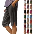 thumbnail image 1 of Women's Summer Shorts Linen Solid Loose Straight Pockets Side Slit Buttons Short Pants, 1 of 7