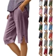 thumbnail image 1 of Women's Summer Shorts Linen Solid Loose Straight Pockets Side Slit Buttons Short Pants, 1 of 7