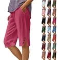 thumbnail image 1 of Women's Summer Shorts Linen Solid Loose Straight Pockets Side Slit Buttons Short Pants, 1 of 7