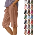thumbnail image 1 of Women's Summer Shorts Linen Solid Loose Straight Pockets Side Slit Buttons Short Pants, 1 of 7