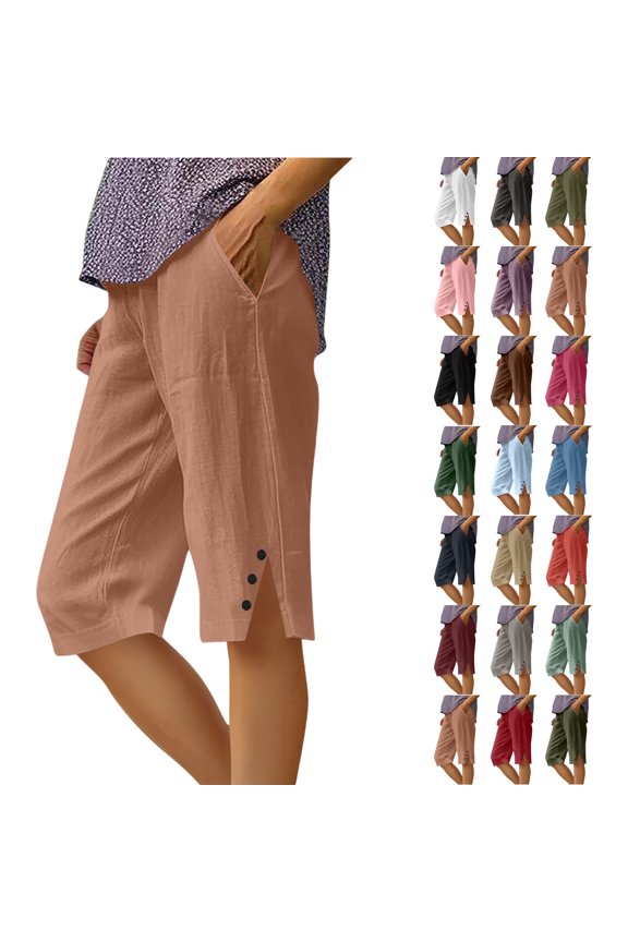 Women's Summer Shorts Linen Solid Loose Straight Pockets Side Slit Buttons Short Pants