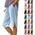 thumbnail image 1 of Women's Summer Shorts Linen Solid Loose Straight Pockets Side Slit Buttons Short Pants, 1 of 7