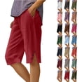 thumbnail image 1 of Women's Summer Shorts Linen Solid Loose Straight Pockets Side Slit Buttons Short Pants, 1 of 7