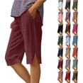 thumbnail image 1 of Women's Summer Shorts Linen Solid Loose Straight Pockets Side Slit Buttons Short Pants, 1 of 7