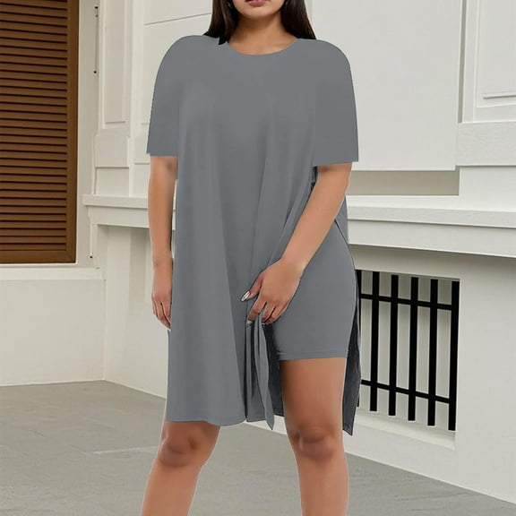 Women's Summer Shorts Suit 2 Piece Outfit Casual Round Neck Pure Color Tunic Top and Shorts Set for Daily Wear
