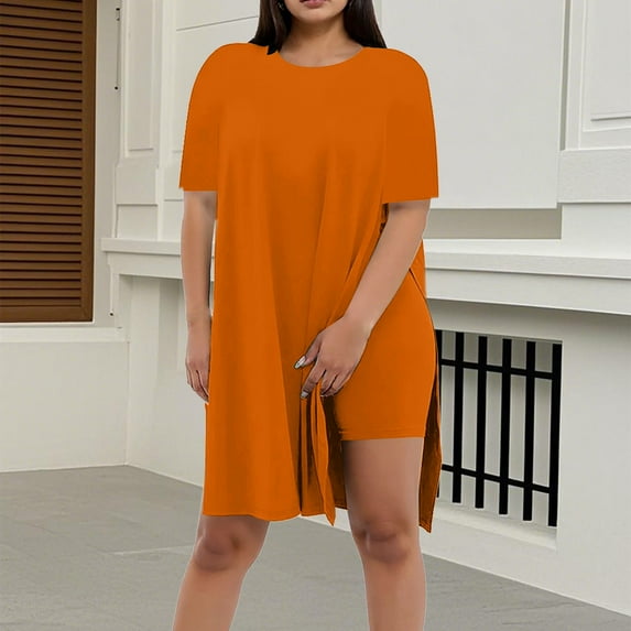 Women's Summer Shorts Suit 2 Piece Outfit Casual Round Neck Pure Color Tunic Top and Shorts Set for Daily Wear
