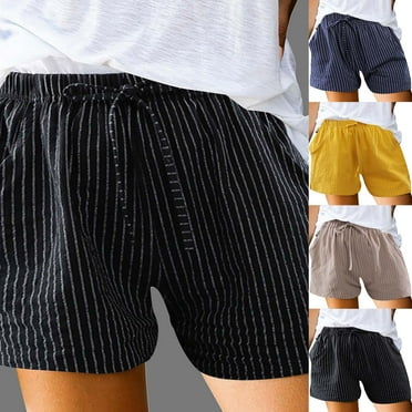 Women's Summer Shorts Summer Cotton Striped Yoga Running Shorts Workout Gym Shorts with Pockets Khaki