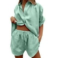 thumbnail image 1 of Women's Summer Shorts & Top Set Soft, Stretchy Fabric, Great for Outdoor Activities Casual 2 Piece Tracksuit Loose Button Blouse Shirt Top High Wasit Elastic Shorts Set Loungewear Summer Outfits, 1 of 4