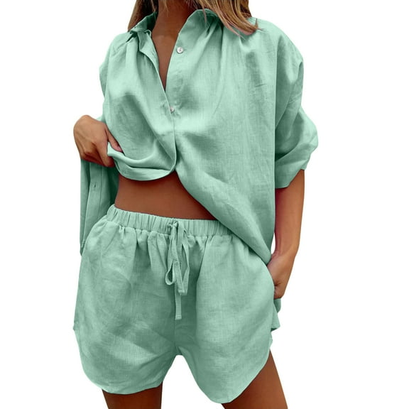 Women's Summer Shorts & Top Set Soft, Stretchy Fabric, Great for Outdoor Activities Casual 2 Piece Tracksuit Loose Button Blouse Shirt Top High Wasit Elastic Shorts Set Loungewear Summer Outfits