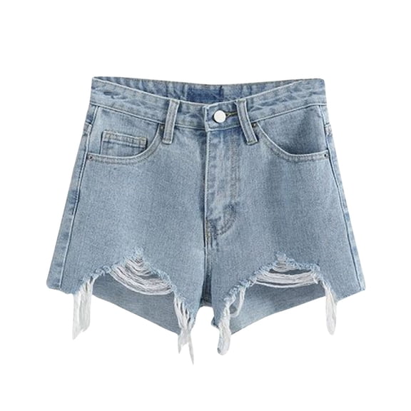 Women's Summer Shorts Women's Fashion Solid Color Irregularity Rough Selvedge Euryscelia Denim Shorts Light Blue Xl