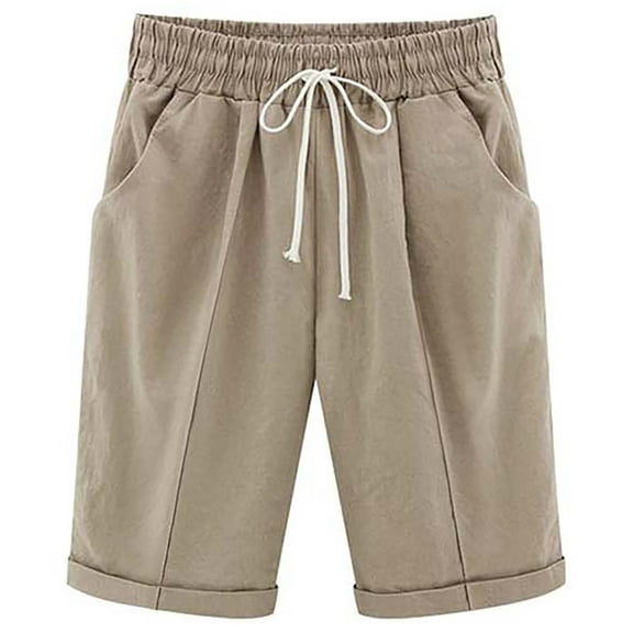 Women's Summer Shorts with Pockets Knee Length Loose Straight Leg Casual Lounge Short Pants Drawstring Sweatshorts (L, Khaki 01)