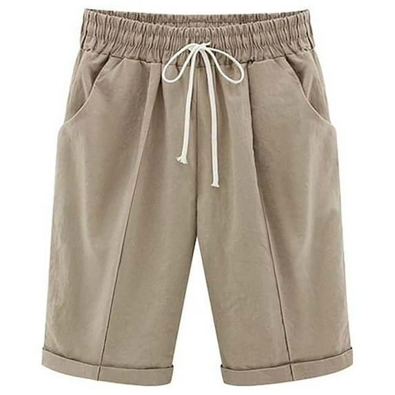 Women's Summer Shorts with Pockets Knee Length Loose Straight Leg Casual Lounge Short Pants Drawstring Sweatshorts (M, Khaki 01)