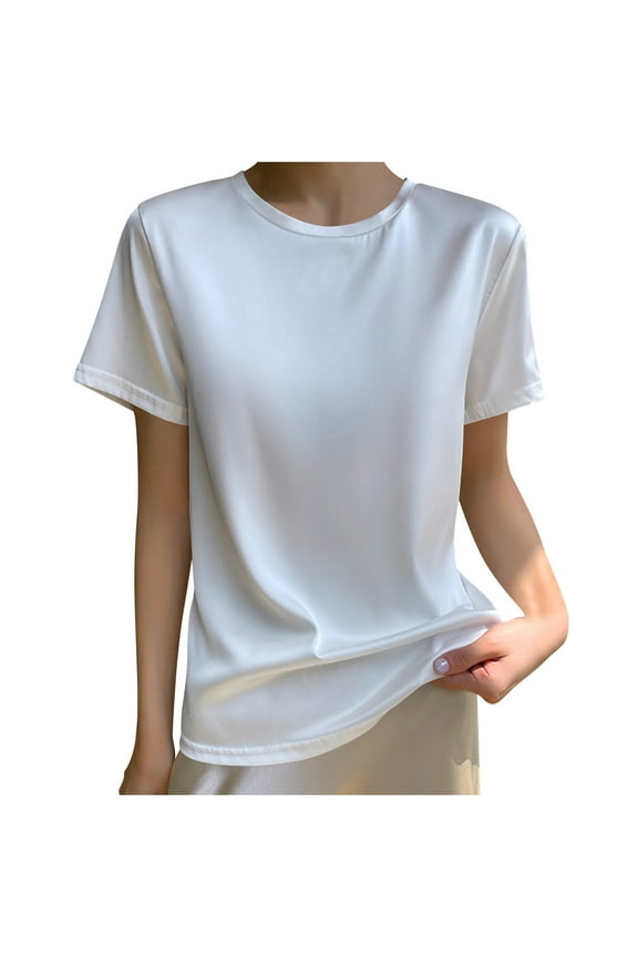 Women's Summer Silk Satin Blouse Tops Crewneck Short Sleeve Tee Shirt Casual Soft Tee Shirt