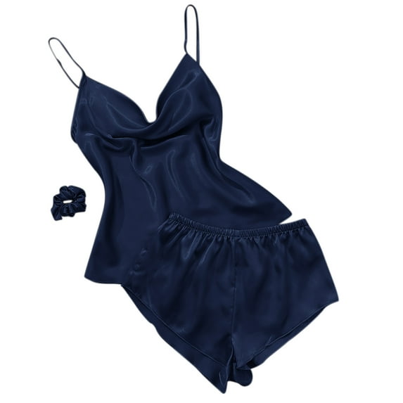 Women's Summer Silk Satin Pajamas Sets 3 Piece Spaghetti Strap Cami Tops and Shorts Sets Sleepwear with Hair Band