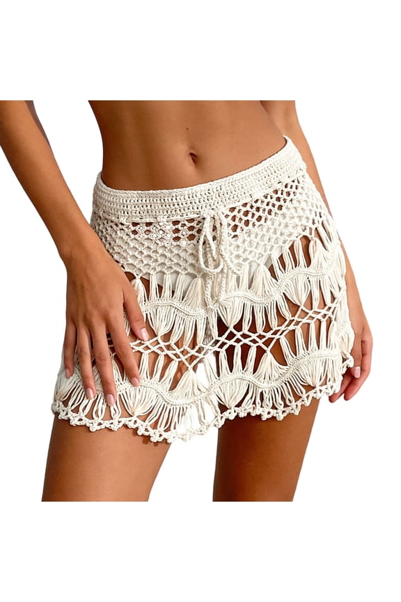 Women's Summer Skirts Bohemian Handmade Lace Beach Skirt for Summer Women's Casual Resort Boho Openwork Hemline Midi Skirt Beige M