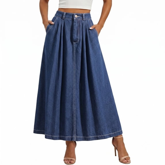 Women's Tennis Skirts Summer Button Elastic Waist Denim Skirt with Pleated Midi Length Practical Pockets for Everyday Casual Wear Blue 3XL