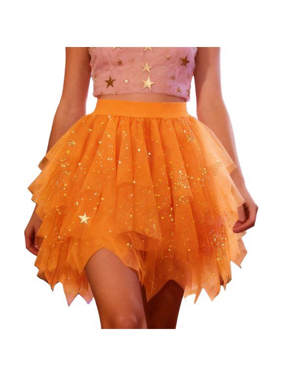 Women's Summer Skirts Carnival Sequin Midi Skirt with Gold Foil Lace Embellishment for Festive Occasions Flared A-Line Tiered Partywear Evening Dance Skirt with Glittering Shine Orange L