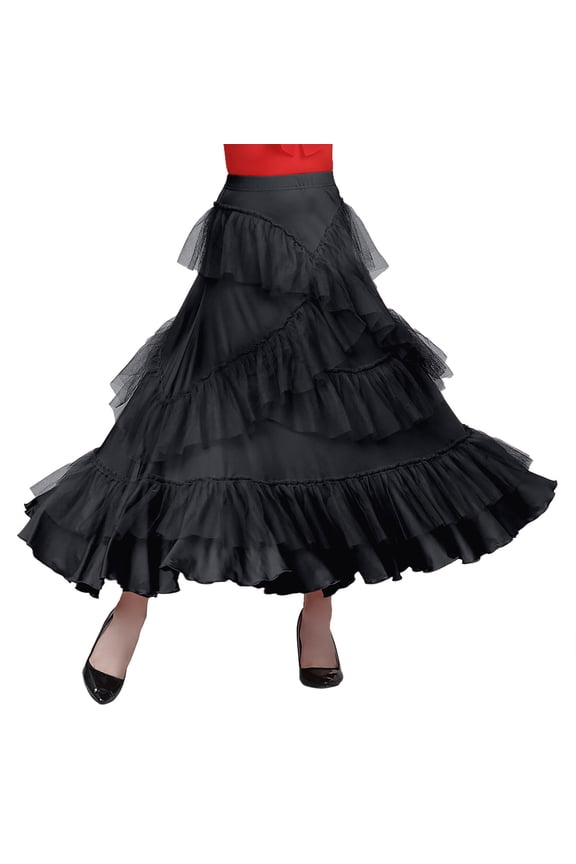 Women's Summer Skirts Dance Skirt for Social Ballroom Practice with Flowing Mesh Layer Performancewear for Latin Tango ChaCha Black L