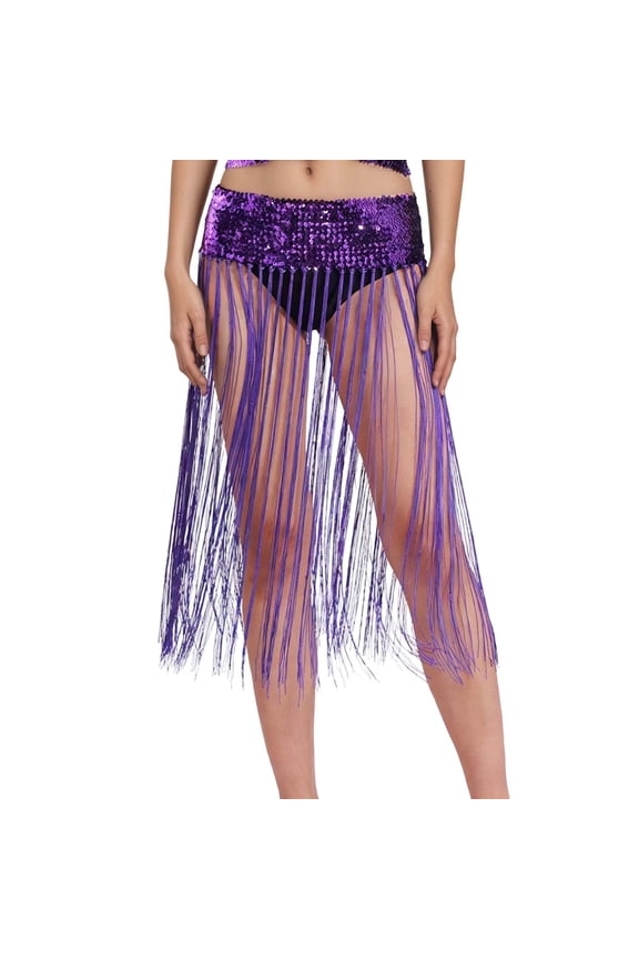 Women's Tennis Skirts Summer Dance Waist Skirt With Fringe Tassel Belt For Latin Belly Dance Practice Performance Everyday Studiowear Skirt With Flowing Detail for Autumn Activities Purple One Size