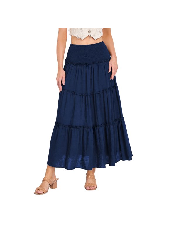 Women's Summer Skirts Elegant Everyday Skirt for Casual High Rise A Line Flowing Tiered Hemline with Lace Trim for Autumn Wardrobe Blue S