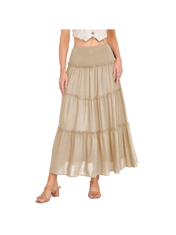 Women's Summer Skirts Elegant Everyday Skirt for Casual High Rise A Line Flowing Tiered Hemline with Lace Trim for Autumn Wardrobe Brown S
