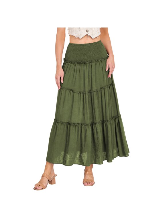 Women's Summer Skirts Elegant Everyday Skirt for Casual High Rise A Line Flowing Tiered Hemline with Lace Trim for Autumn Wardrobe Green S