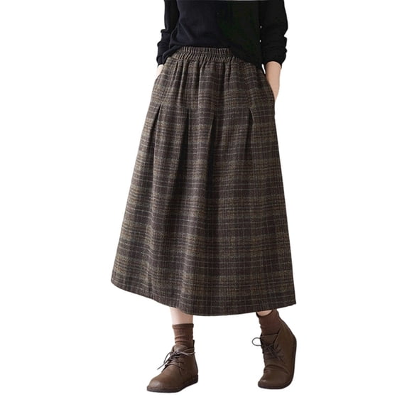 Women's Summer Skirts Heavy Duty Woven Plaid Skirt For Winter Warm Blend Long Midi Length Tartan A Line Outerwear Fashion Elegant Versatile Brown L