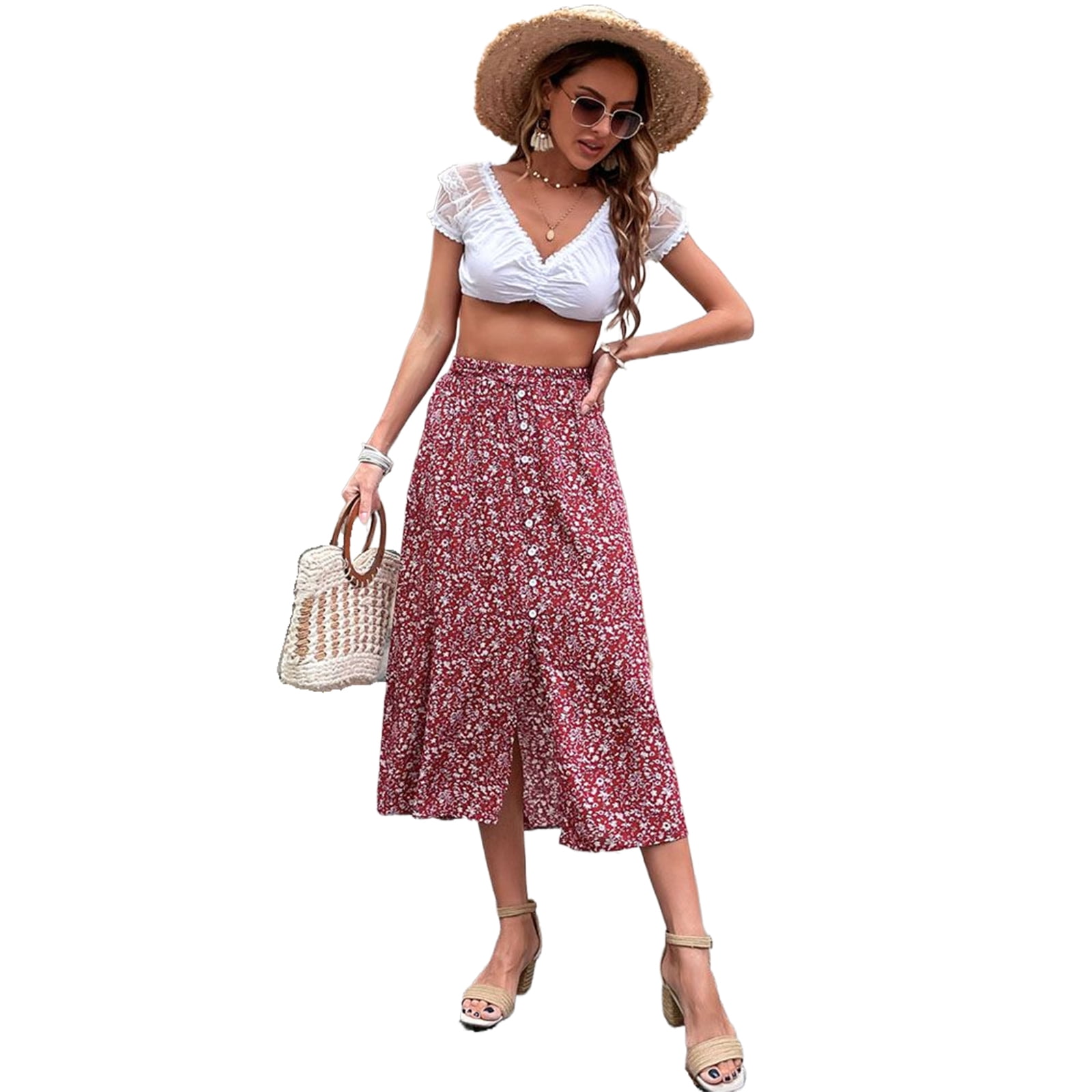 Women's Summer Skirts High Elastic Waisted Casual Skirt Pleated