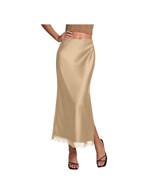Women's Tennis Skirts Summer Satin High Waisted Side Split Skirt with Elastic Waistb for Everyday Wear in Silk-like Material A-Line Elegant Side Vent Brown S