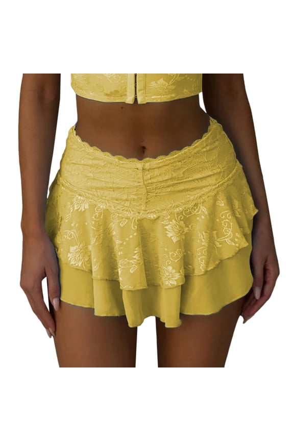 Women's Summer Skirts Skirt Women Lace Skirts Cute Low Wasit Ruffled Half Skirt Fairy Layered Flowy Short Skirts E Girl Streetwear Yellow M