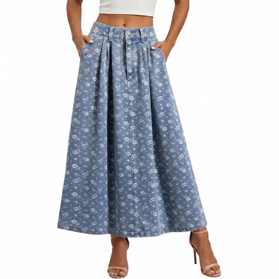 Women's Tennis Skirts Summer Skirt Womens Midi Denim Button Elastic Waist Line Pleated with Pockets for Everyday Casual Holiday Blue L