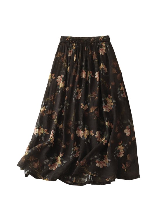 Women's Summer Tennis Skirts Spring Summer Floral Skirts For Women Bohemian Beach Midi Dress Lightweight Flowy Boho Black M