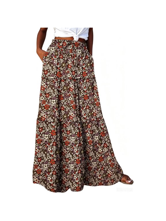 Women's Tennis Skirts Summer Bohemian Printed Skirt For Warm Weather Everyday Wear Loose Fit Casual Flowy Midi Length Green S