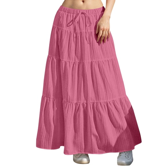 Women's Summer Skirts Summer Fashion Tiered Boho Long Skirt With Waist Flowy For Casual Elegant Outfit Red S