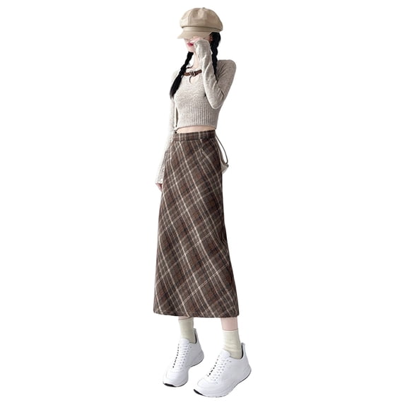 Women's Tennis Skirts Summer Tartan Plaid Midi Skirt With High Waist Wrap Front Slit For Everyday Occasions Formal Events Women Brown XL