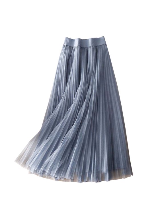 Women's Summer Skirts Women High Waist Pleated Chiffon Skirt Casual Midi Flowing Lightweight Half Summer Fashion Blue M